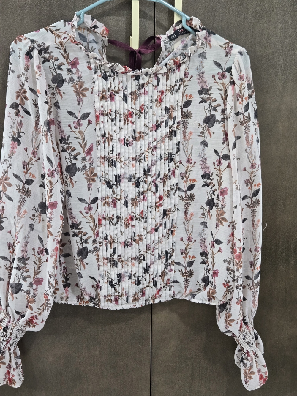 Zara Sheer White Floral Pintuck Blouse with Pink and Brown Accents